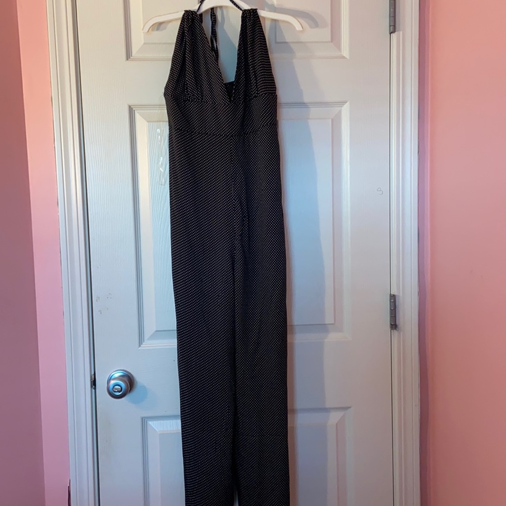 Black summer jumpsuit with white polka dots